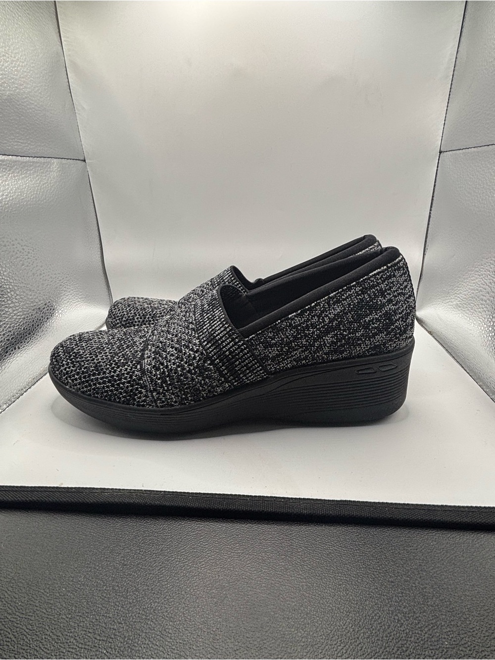 Skechers Black & Gray Knit Slip-On Wedge Mules
